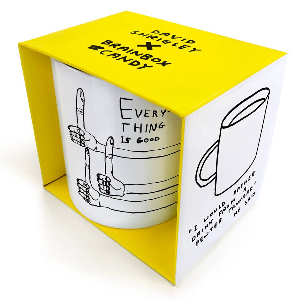 David Shrigley Tasse „Everything Is Good“ mit gelber Geschenkbox von Brainbox Candy