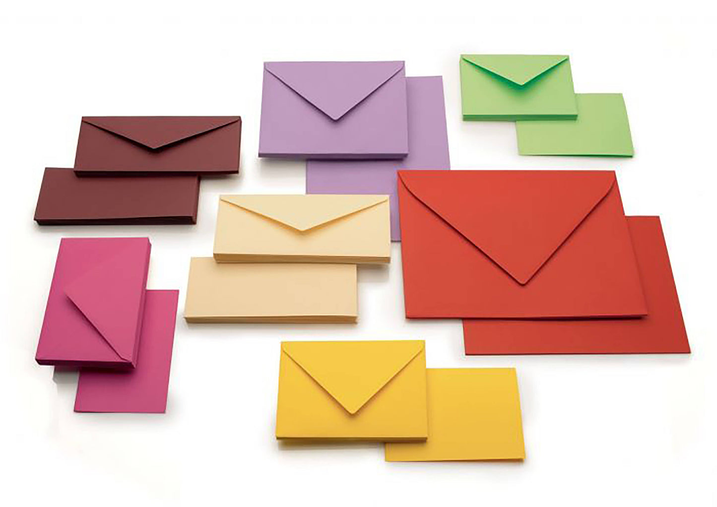 Crown Mill Color Collection - Übersicht verschiedener farbiger Karten und Umschläge in Pastell- und kräftigen Tönen.