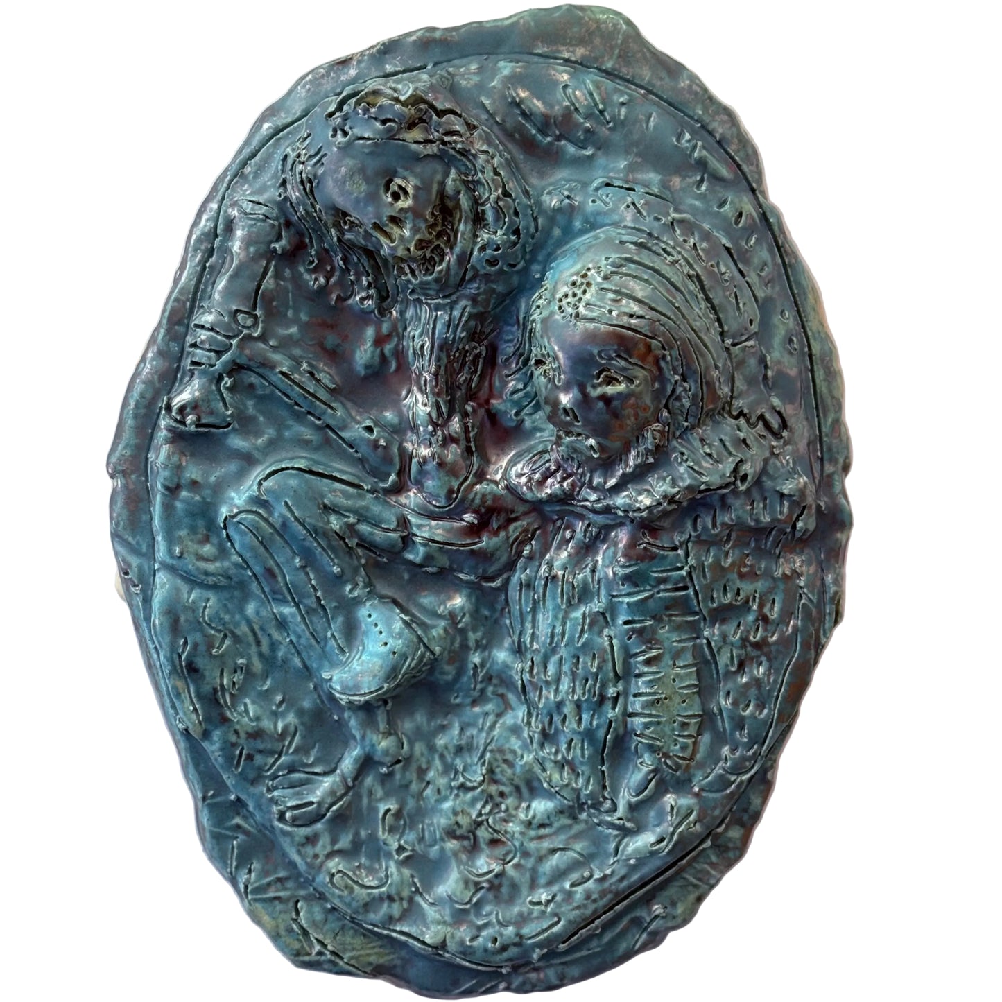 Keramikmedaillon 'Death and Insect' von Folkert de Jong, limitierte Edition von 40 Exemplaren, 2025, figürliches Relief in Bau- und Grüntönen.