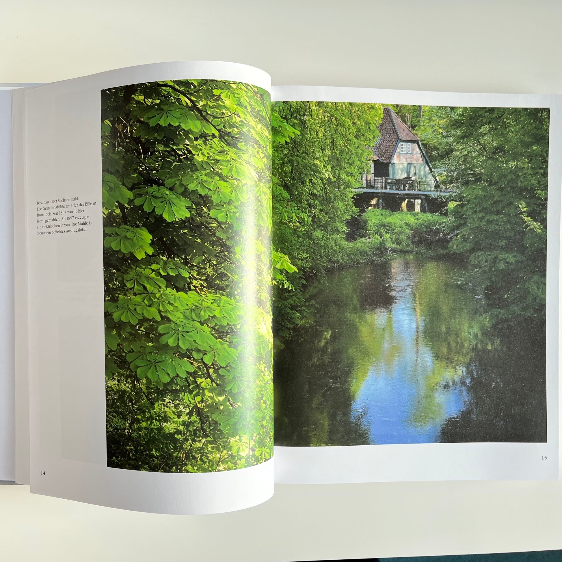 Doppelseite mit großormatiger Naturfotographie der Bille und ihrer Uferlandschaft