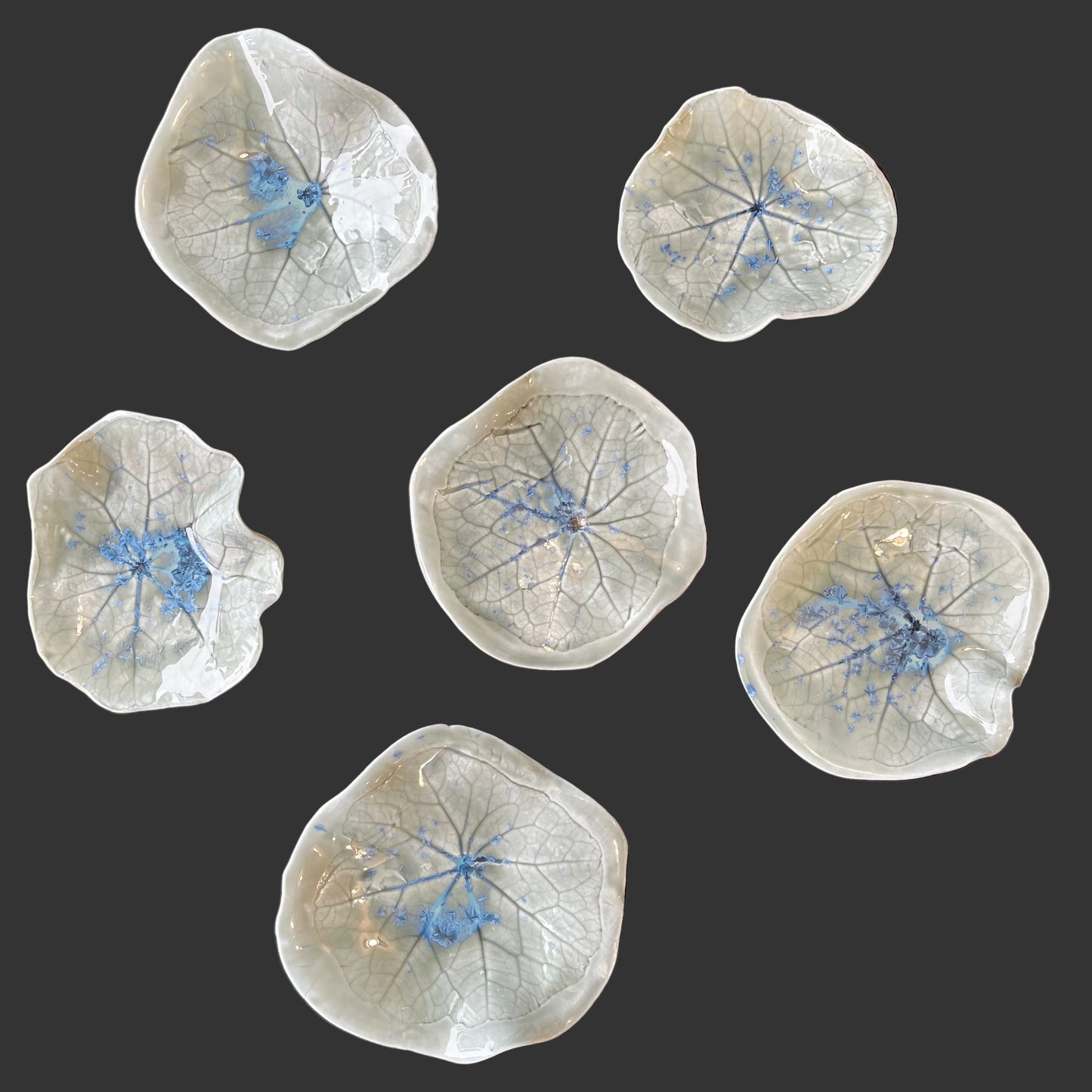 Sechs Porzellanschalen in Form eines Seerosenblatts der Serie Nymphaea Grey von Magda Krawcewicz, blaugrau glasiert mit blauen Farbpigmenten