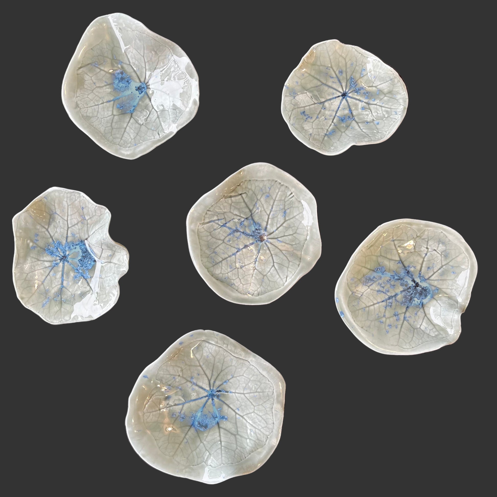 Sechs Porzellanschalen in Form eines Seerosenblatts der Serie Nymphaea Grey von Magda Krawcewicz, blaugrau glasiert mit blauen Farbpigmenten