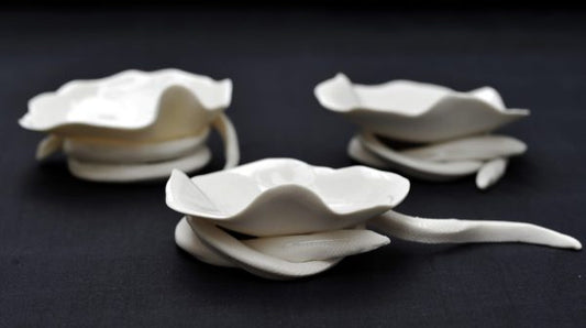 Drei  Porzellanobjekte der Serie Nymphaea White von Magda Krawcwicza, als Seerosenblätter mit schlangenartigen Formen, transparent glasiert. 