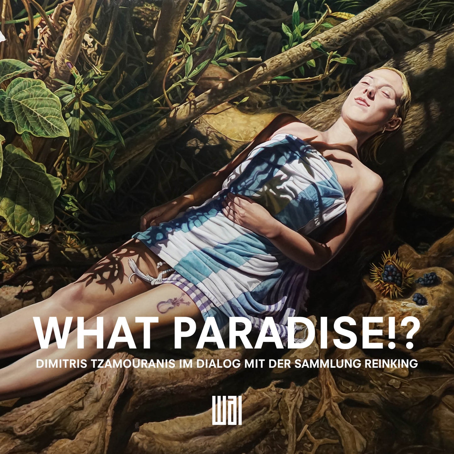 Ausstellungsplakat zu What Paradise!?, einer Ausstellung von Dimitris Tzamouranis im Dialog mit Werken der Sammlung Reinking; eine Figur ruht in einer üppigen, paradiesisch wirkenden Landschaft.