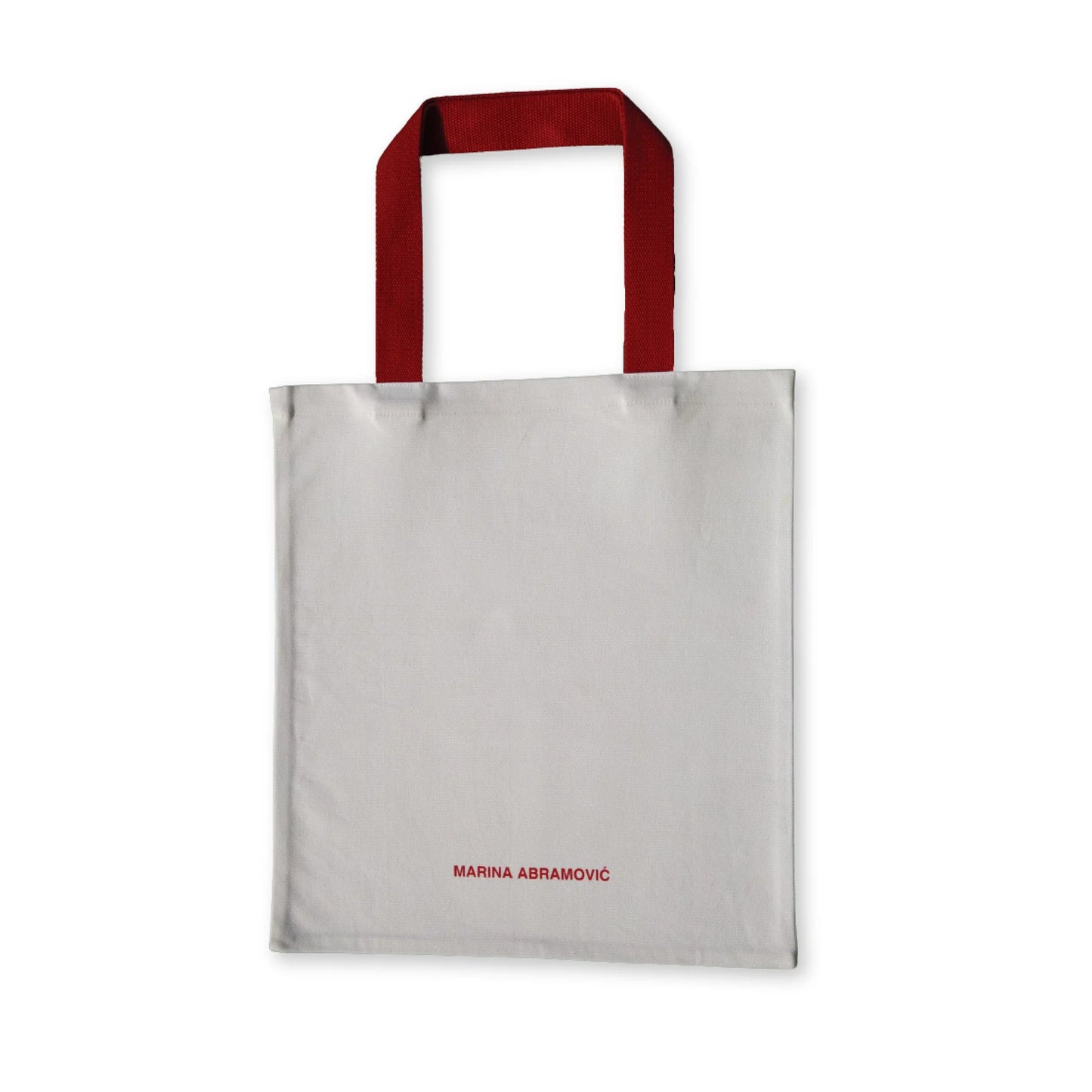 Rückseite der Marina Abramović Tote Bag aus Baumwolle mit rotem Schriftzug