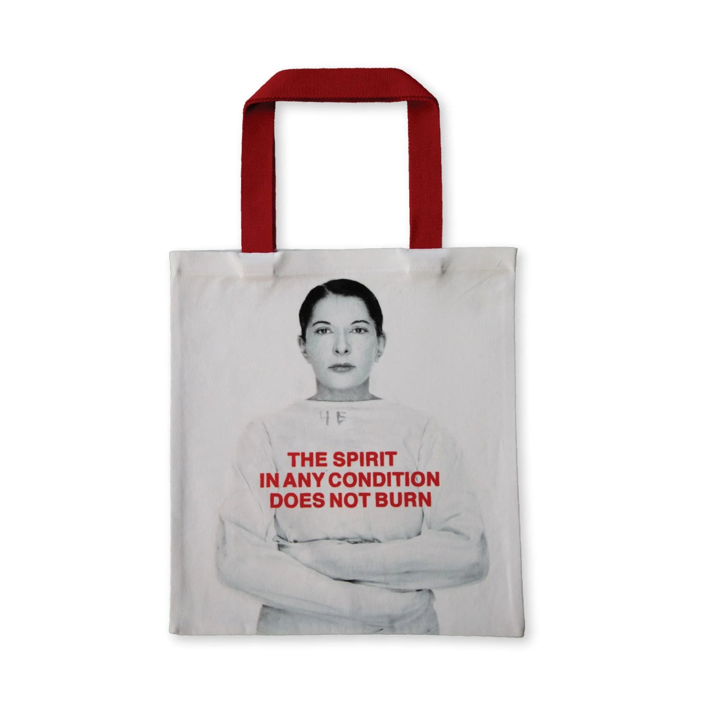 Marina Abramović Tote Bag mit Porträt und roter Typografie auf weißer Baumwolle