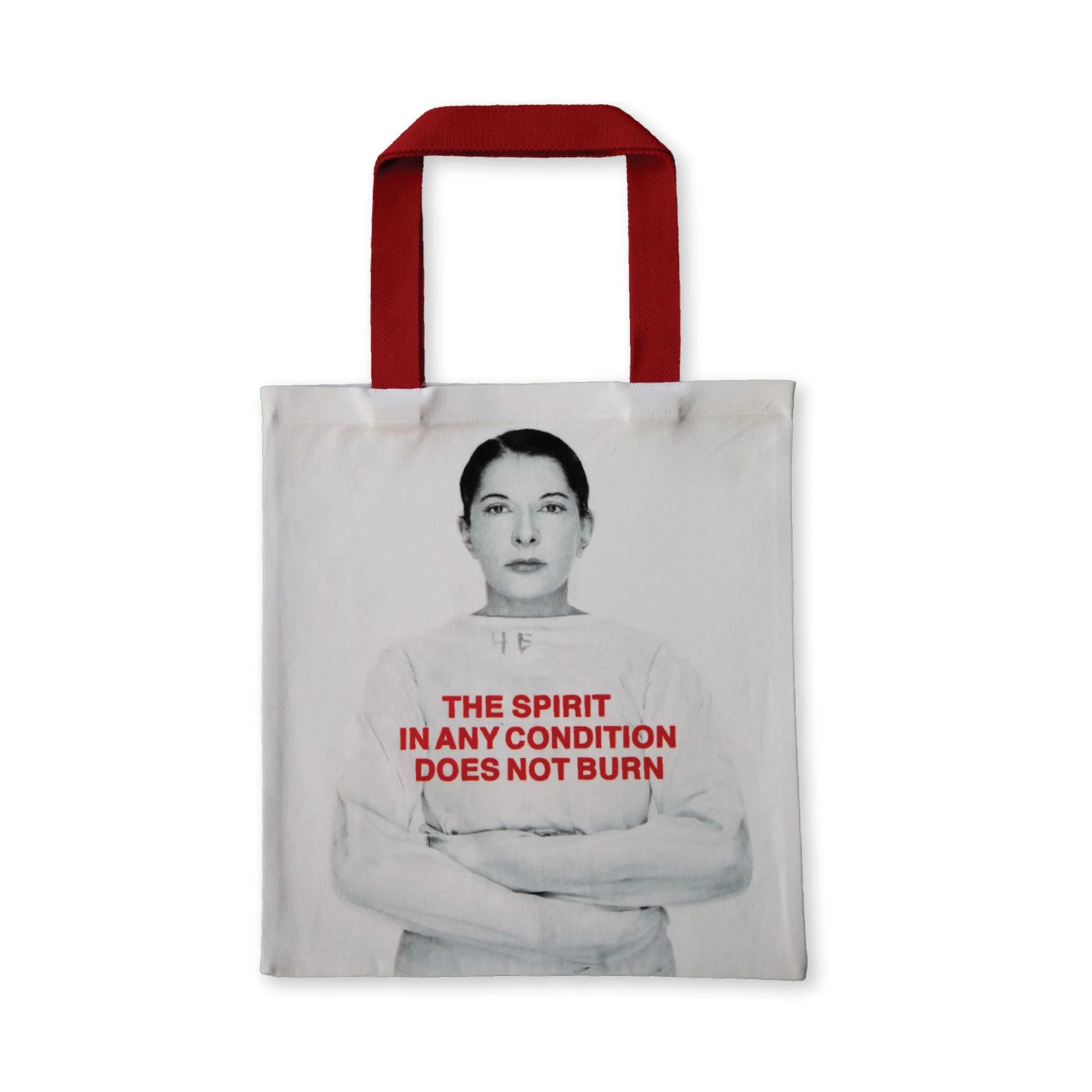 Marina Abramović Tote Bag mit Porträt und roter Typografie auf weißer Baumwolle